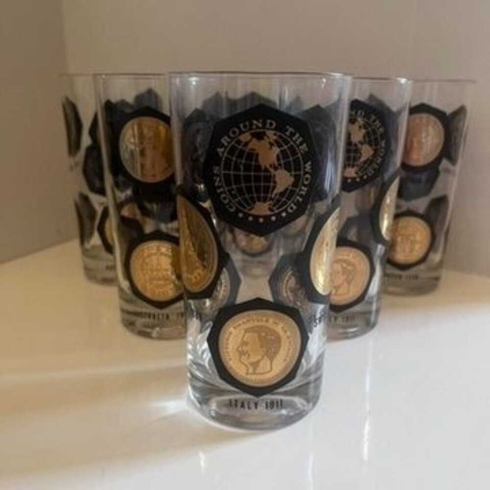 6 Vtg Libbey World Coins MCM Highball Glasses Numismatic Collectible Drinkware